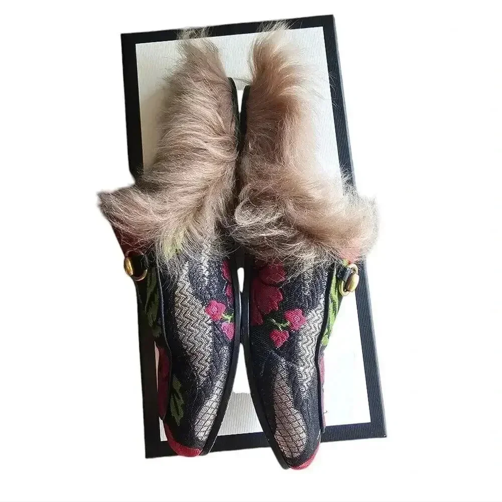 GUCCI Black Floral Brocade Jacquard FUR Princetown Slippers‎ Loafers Size 5.5 - Picture 4 of 13